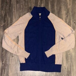 Qi  100 cashmere Men's Navy and Beige Zip-Up Sweater small